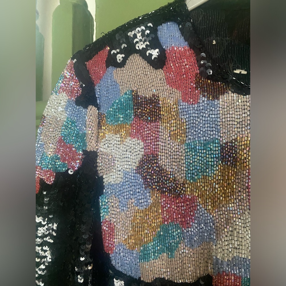Vintage Sequin Beaded embellished Multicolor Black Evening 80s Blouse - Picture 3 of 12